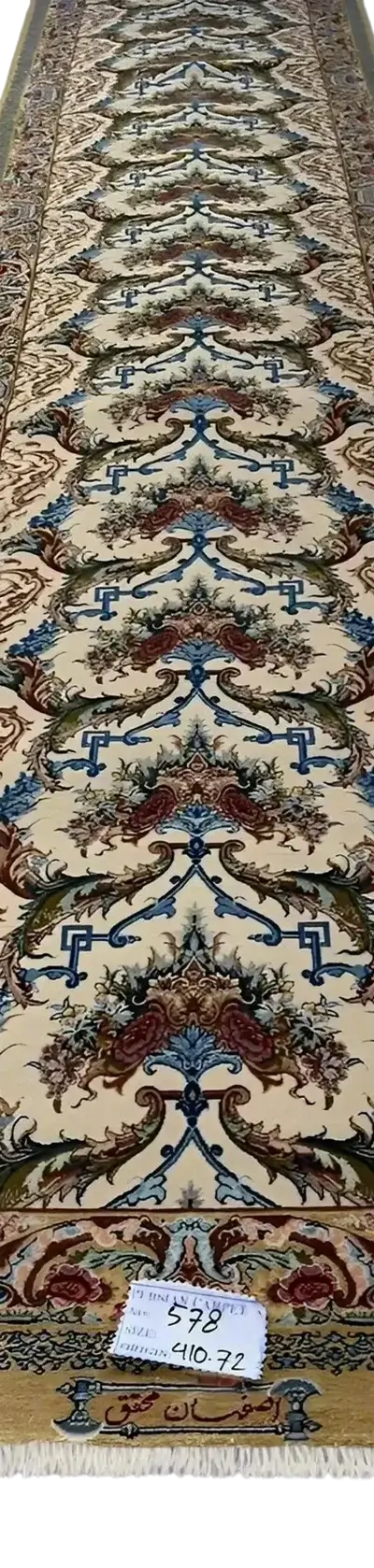 "Luxurious hand-knotted Isfahan runner rug, measuring 410 cm x 72 cm, crafted by Mohaghegh in Iran with a wool-silk blend and intricate floral patterns. Perfect for narrow spaces like hallways."